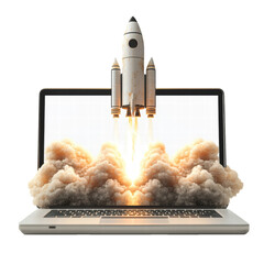 Wall Mural - rocket exiting laptop screen on transparent background, png