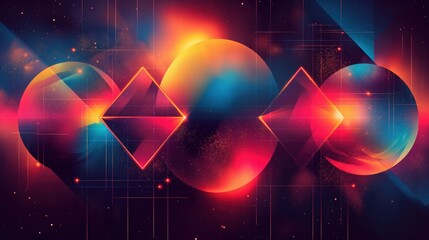 vibrant abstract cosmic artwork featuring glowing spheres, neon geometric shapes, and colorful gradi