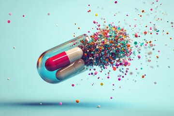 Aufkleber - Colorful particles spilling from a split capsule in a dynamic, creative representation of nutrition and science. Generative AI