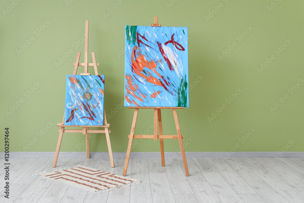 Paintings on easels near green wall