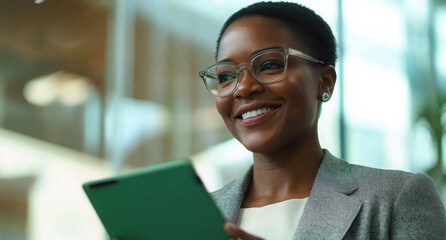 office, black woman and smile with tablet for connection, software update and confidence for career.