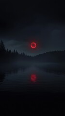 Wall Mural - a red moon is in the sky above a dark body of water
