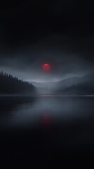 Wall Mural - a red sun is in the sky over a lake