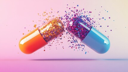 Aufkleber - Colorful particles spill from split capsules in a vibrant and dynamic display of creativity and science. Generative AI
