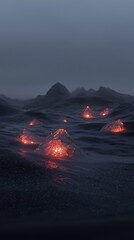 Wall Mural - a dark ocean with a few glowing rocks in the water