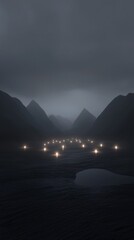 Wall Mural - a dark, cloudy sky with a mountain range in the background