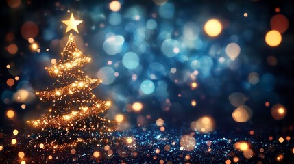 Wall Mural - abstract blurred bokeh lights on dark blue background - festive christmas and new year holiday templ
