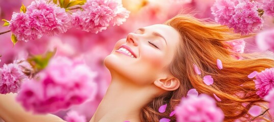 Wall Mural - Outdoor fashion photo of a beautiful young woman amid flowers. Sensual girl framed against a spring blossom backdrop. Romantic beauty portrait of a young and pretty woman