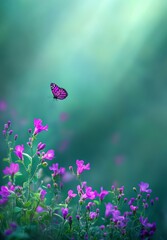 Poster - A stunning natural image captures a spring or summer morning forest, with sunbeams piercing through the canopy and a butterfly fluttering amongst wild grass, embodying the enchantment and intrigue of