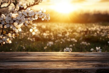 Poster - A beautiful spring green meadow background featuring an empty wooden table for product display, with nature blurred in the background and ample copy space