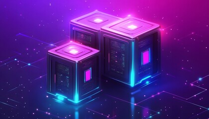 Futuristic digital interface with glowing cubes representing advanced technology, data processing, and virtual reality