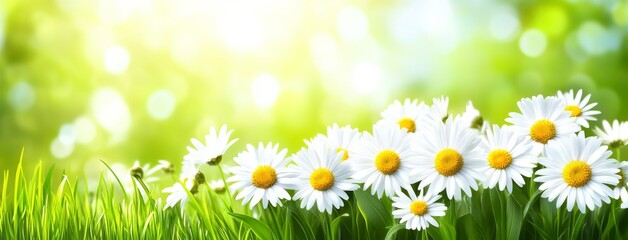 Poster - A scenic spring view featuring a meadow dotted with yellow flowers and daisies, flourishing in the sunlight against a backdrop of sun flares