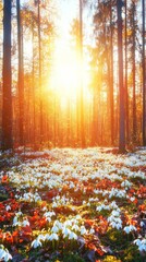 Wall Mural - A close-up of snowdrops blooming in a spring forest bathed in sunlight