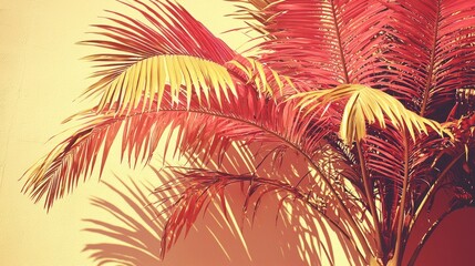 Canvas Print - Red palms cast shadow on wall; tropical vibe