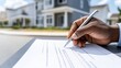© Moopingz - A person is signing a document in front of a modern house, symbolizing real estate transactions or homeownership.