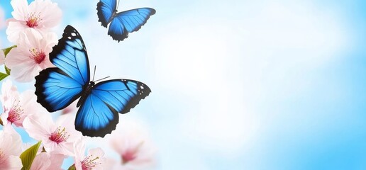 Poster - A horizontal banner features blue butterflies and pink sakura flowers against a sunny backdrop, showcasing a beautiful nature scene in spring with a branch of blooming sakura