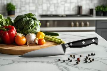 Poster - Preparing fresh ingredients for a delicious meal in a modern kitchen with vibrant vegetables and a sharp knife. Generative AI