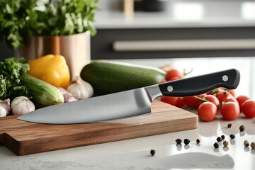 Leinwandbilder - Sharp kitchen knife resting on wooden cutting board with fresh vegetables and herbs in a modern kitchen. Generative AI