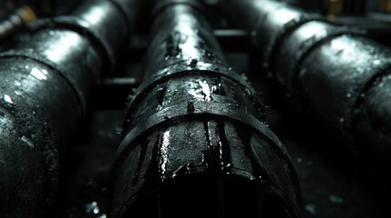 Leinwandbilder - Industrial pipes leaking black oil in a manufacturing facility during late hours. Generative AI