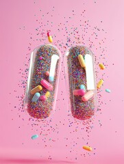 Aufkleber - Colorful particles burst from a split capsule against a pink background showcasing creativity and imagination. Generative AI