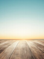 Leinwandbilder - Beautiful wooden floor leading to a serene horizon at sunset with clear blue sky and warm tones. Generative AI