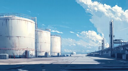 Poster - Industrial oil storage tanks dominate the landscape under a bright blue sky with scattered clouds. Generative AI