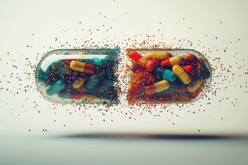 Aufkleber - Colorful particles burst from a split capsule showcasing a vibrant display of creativity and energy. Generative AI