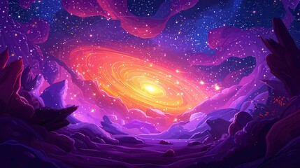 A vibrant cosmic scene featuring a swirling galaxy surrounded by colorful clouds and stars in a mystical landscape.