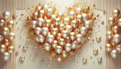 Wall Mural - Light cream background with golden balloons arranged in heart shaped cluster, creating luxurious.