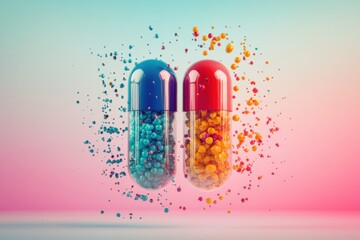 Aufkleber - Colorful particles spill out from a split capsule creating a vibrant display in a surreal background. Generative AI