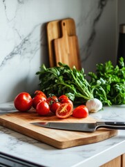 Aufkleber - Fresh tomatoes and garlic on a wooden cutting board in a modern kitchen with marble countertop. Generative AI