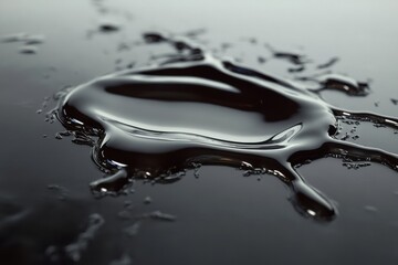 Leinwandbilder - Shiny black oil puddle reflecting light in a serene industrial setting at dusk. Generative AI