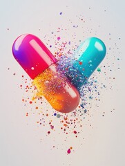 Aufkleber - Colorful particles burst from split capsule creating a vibrant explosion of hues against a light background. Generative AI