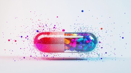 Aufkleber - Colorful particles spill from a split capsule creating a vibrant display and captivating visual contrast. Generative AI