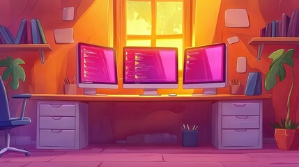 A vibrant workspace with three monitors in an animated style, set against a warm window background.