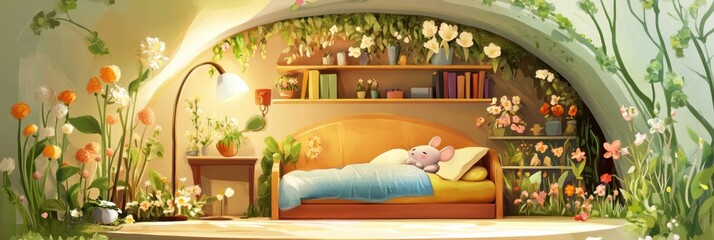 Aufkleber - Cozy floral bedroom with soft lighting and a plush toy relaxing in the serene environment filled with greenery. Generative AI