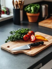 Poster - Fresh vegetables and herbs prepared for cooking on a wooden cutting board in a modern kitchen setting. Generative AI