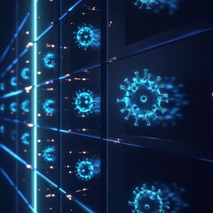Fototapete - Strong glowing wall effectively deflects viruses in a high tech environment during nighttime. Generative AI