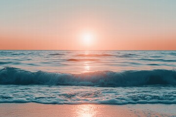 Poster - Serene sunset over gentle ocean waves at a tranquil shore with vibrant colors reflecting on the water. Generative AI