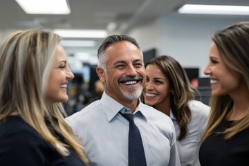 A cheerful group of four professionals shares a light-hearted moment in an office environment, emphasizing teamwork, collaboration, and positive workplace relationships.