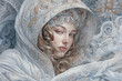 © Evdoha - Russian beauty in a white embroidered scarf, illustration,.Generative AI