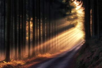 Wall Mural - beautiful autumn forest with tall trees and sunlight rays filtering through the foliage picturesque 