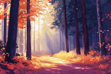 Wall Mural - a forest with tall trees and sunlight filtering through the leaves, creating an enchanting autumn sc