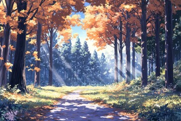 Wall Mural - a beautiful forest with tall trees and sunlight filtering through the leaves, creating an enchanting