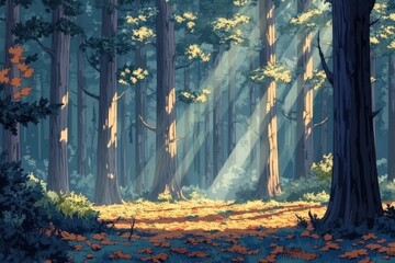 Wall Mural - beautiful autumn forest with tall trees and sunlight shining through the leaves forest landscape in 
