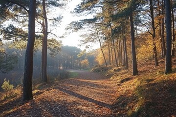 Wall Mural - beautiful autumn forest with tall trees and sunlight rays shining through the leaves in a beautiful 