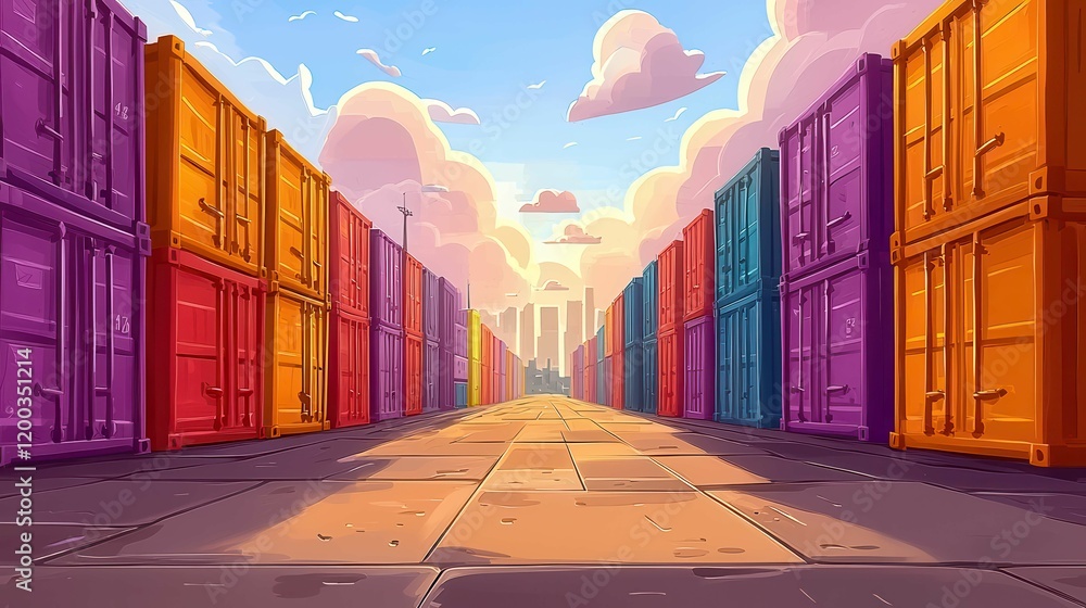 Colorful shipping container yard with a sunset skyline in the ...