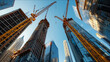 © leilb - A wideangle photograph of construction cranes and skyscrapers in the city showcasing modern urban development Highrise buildings under active concrete pouring with