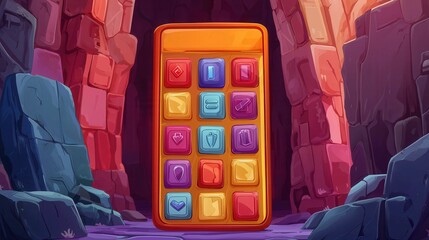 A colorful puzzle game interface featuring various gems and icons in a surreal cave setting.