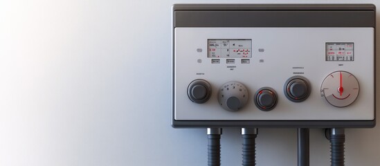 Modern control panel with dials, knobs, and digital displays mounted on a wall.